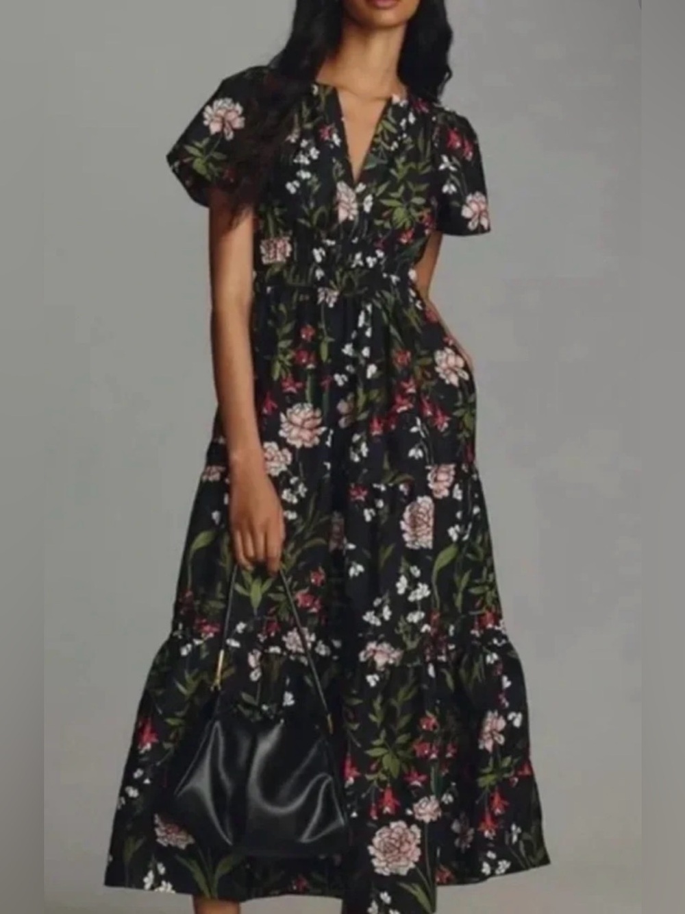 Anthropologie The Somerset Maxi Dress Tiered Smocked Waist Floral Black XL - Picture 1 of 4